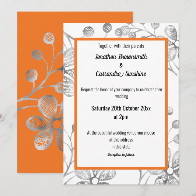 INVITACIÓN ELEGANTE BODA NARANJA BLANCO GRIS DE PLATA BOTÁNIC (Anverso / Reverso)
