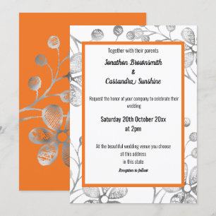 INVITACIÓN ELEGANTE BODA NARANJA BLANCO GRIS DE PLATA BOTÁNIC