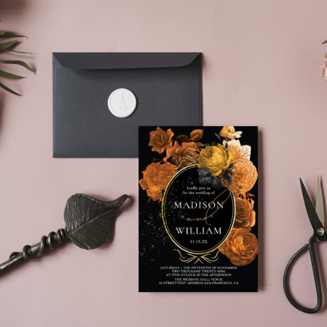 Invitación Elegante Boda Naranja Negro Floral (Subido por el creador)