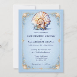 Invitación Elegante boda náutica azul marino con concha de pl