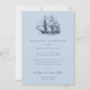 Invitación Elegante Boda Náutica de Barco Azul Polvoriento