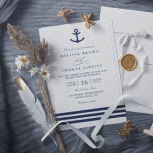 Invitación Elegante Boda Náutica Moderna Ancla Azul Marino