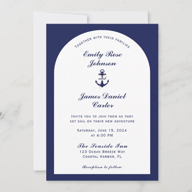 Invitación Elegante Boda Náutico Azul Arco Blanco y Marina (Anverso)