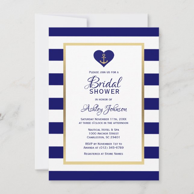 Invitación Elegante Boda Náutico Azul de la Marina Ducha Náut (Anverso)