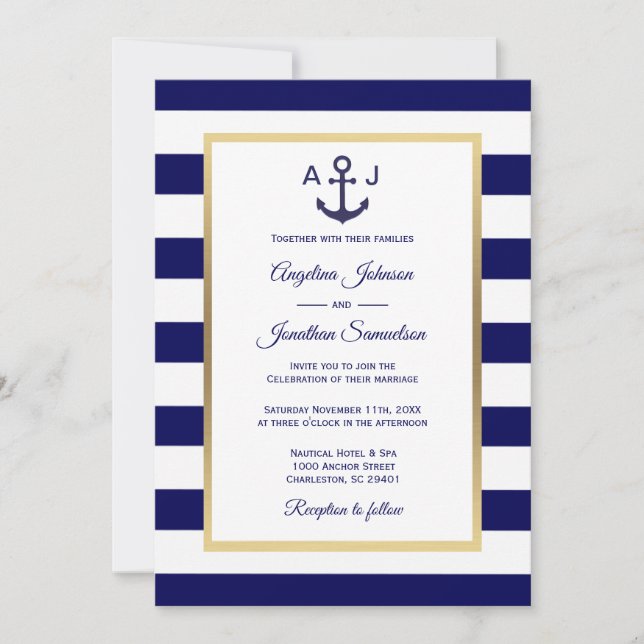 Invitación Elegante Boda Náutico de la Marina Azul franjas bl (Anverso)
