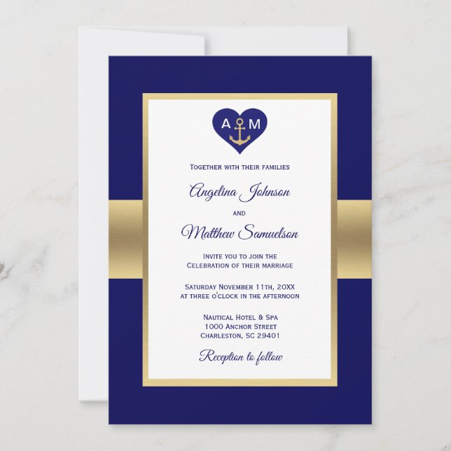 Invitación Elegante Boda Náutico de la Marina Azul Oro (Anverso)