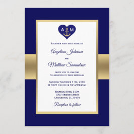 Invitación Elegante Boda Náutico de la Marina Azul Oro