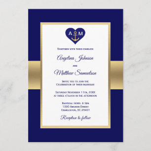 Invitación Elegante Boda Náutico de la Marina Azul Oro