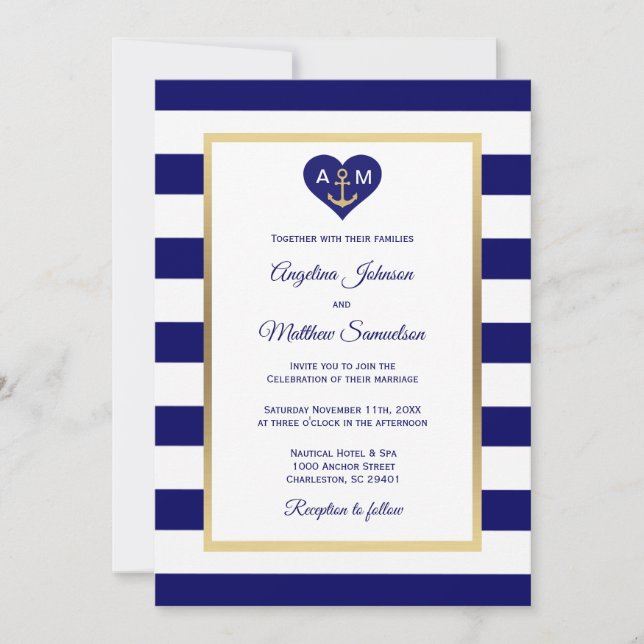 Invitación Elegante Boda Náutico de la Marina Azul Oro (Anverso)