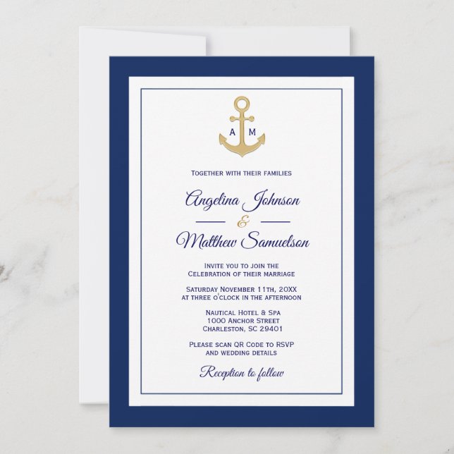 Invitación Elegante Boda Náutico de la Marina Azul Oro código (Anverso)