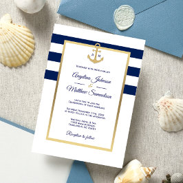 Invitación Elegante Boda Náutico de Oro Blanco Azul de la Mar