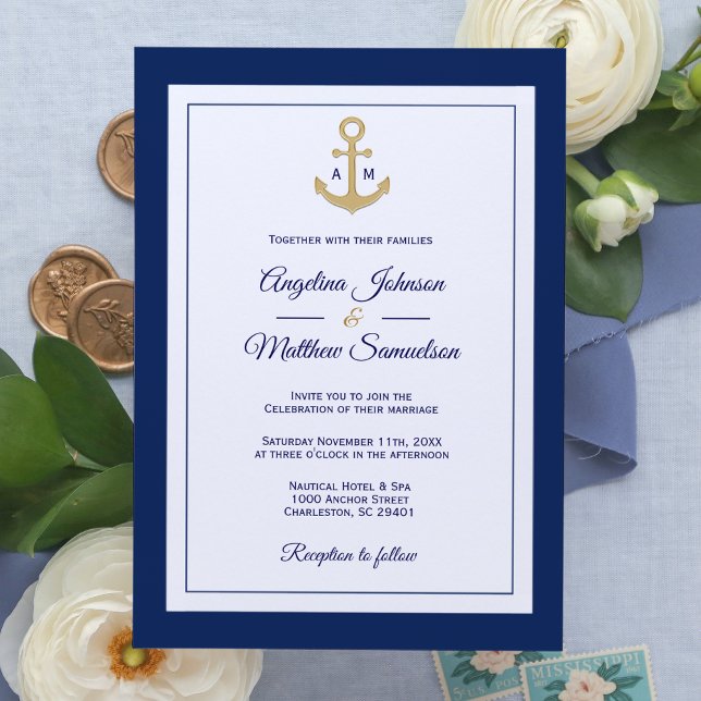 Invitación Elegante Boda Náutico de Oro Blanco Azul de la Mar (Subido por el creador)