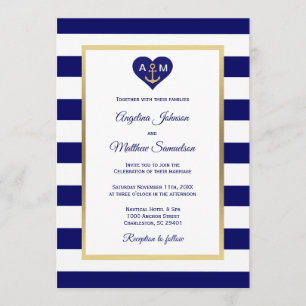 Invitación Elegante Boda Náutico del Corazón Azul de Oro de l