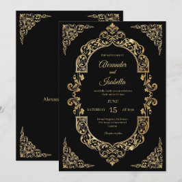 Invitación Elegante Boda Negra con Filigrana de Oro Vintage