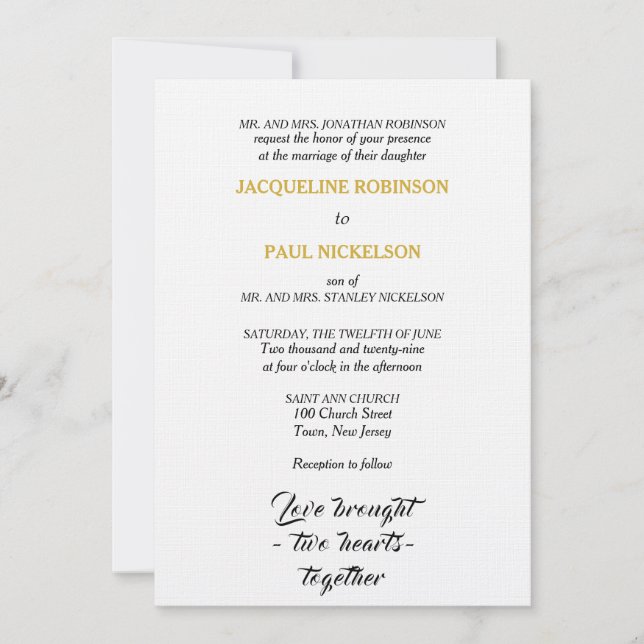 Invitación Elegante Boda Negra Oro Blanco Dos Corazones (Anverso)