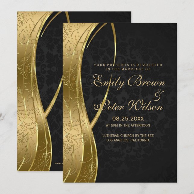 Invitación Elegante Boda Negra Y Oro Damasco (Anverso / Reverso)