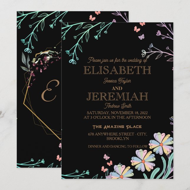 Invitación elegante boda negro clásico de lujo (Anverso / Reverso)