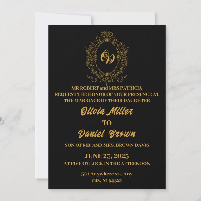 Invitación Elegante boda negro con marco de logo floral dorad (Anverso)
