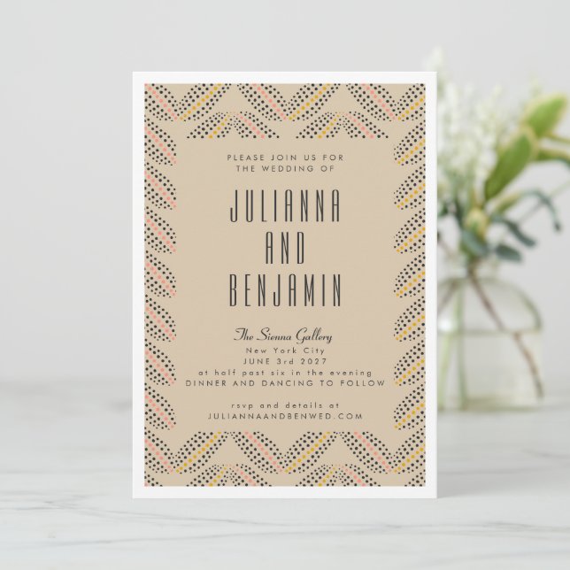 Invitación Elegante Boda negro de arena con puntos abstractos (Anverso de pie)
