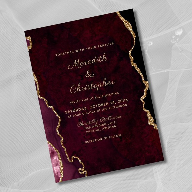 Invitación Elegante Boda negro de la agata de borgoña (Subido por el creador)