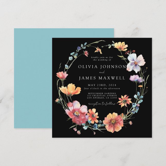 Invitación Elegante Boda negro de la Plaza de la Flor Silvest (Anverso / Reverso)