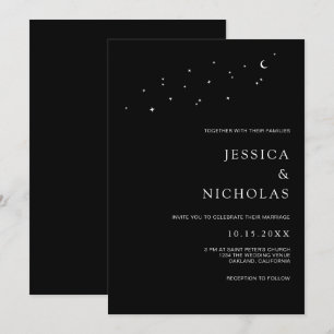 Invitación Elegante Boda negro de lunas y estrellas