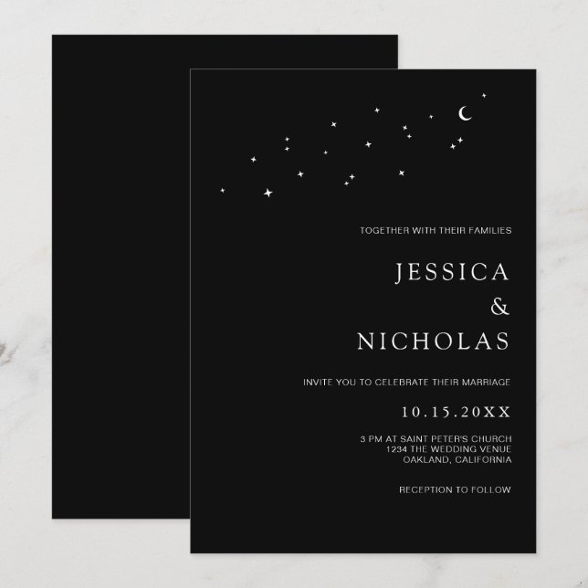 Invitación Elegante Boda negro de lunas y estrellas (Anverso / Reverso)