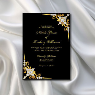 Invitación Elegante Boda negro de oro de diamantes