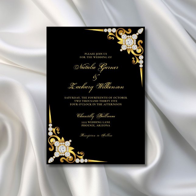 Invitación Elegante Boda negro de oro de diamantes (Subido por el creador)