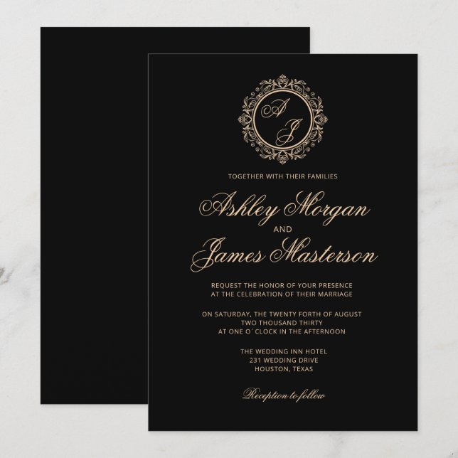 Invitación Elegante Boda negro de oro de lujo (Anverso / Reverso)