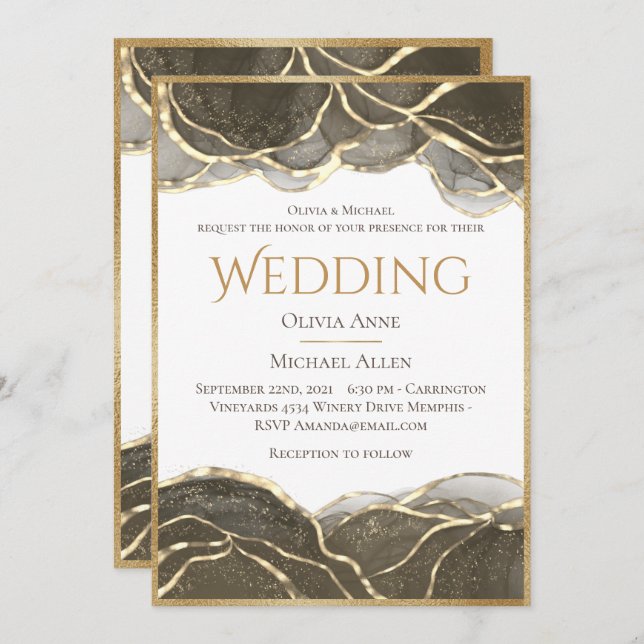 Invitación Elegante Boda negro de tinta de alcohol (Anverso / Reverso)