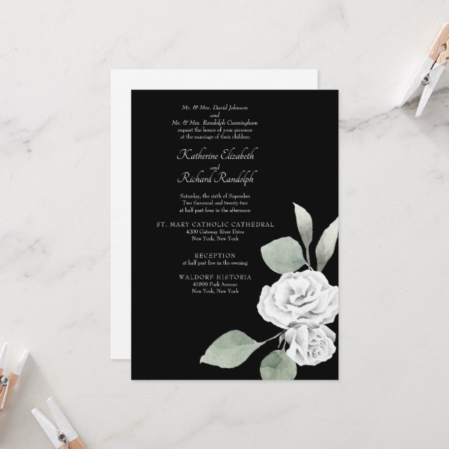 Invitación Elegante Boda negro del follaje rosa blanco (Anverso/Reverso In Situ)