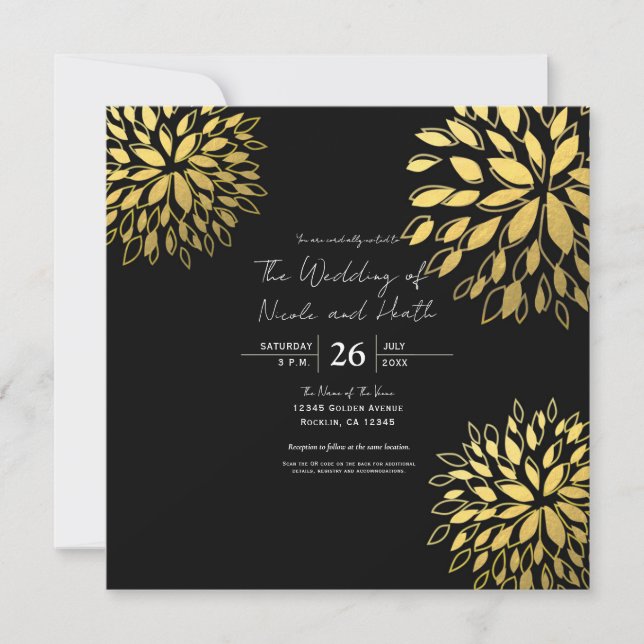 Invitación Elegante Boda negro floral de oro moderno (Anverso)