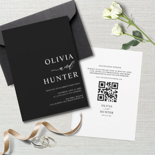Invitación Elegante Boda negro moderno todo en uno (Subido por el creador)