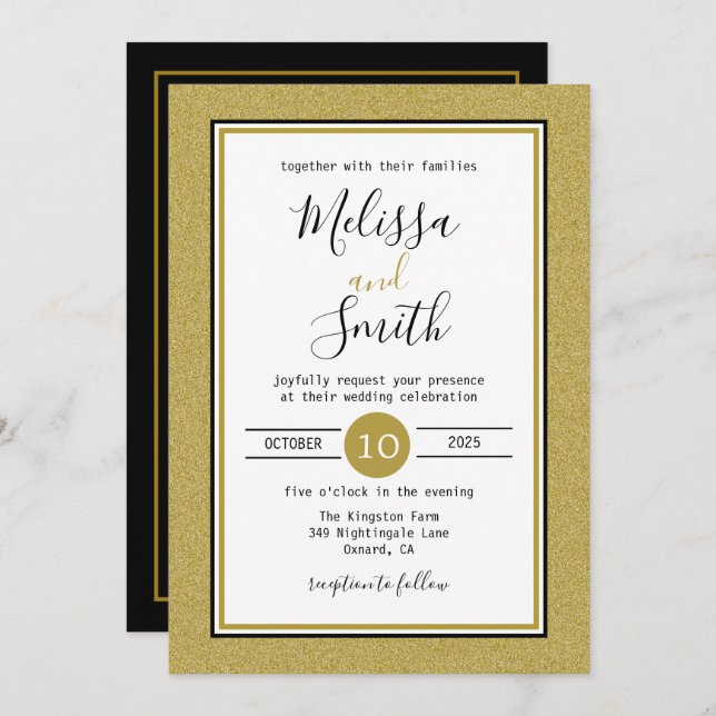Invitación Elegante Boda Negro, Oro Y Blanco (Anverso / Reverso)
