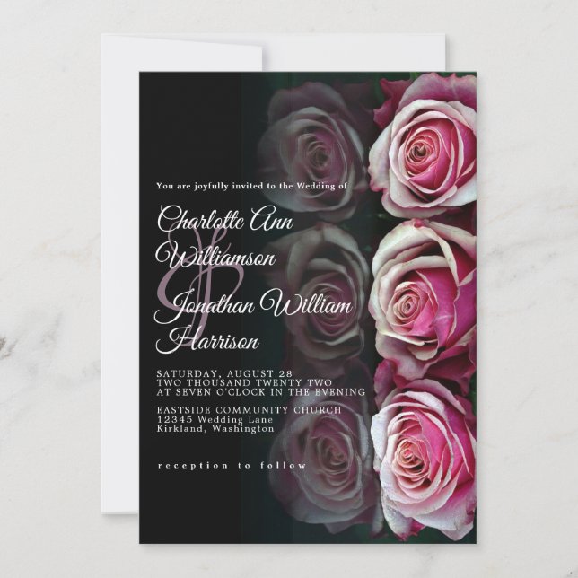 Invitación Elegante Boda negro rosa rosa floral con espejos (Anverso)