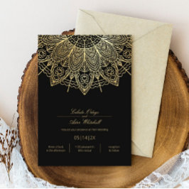 Invitación Elegante Boda negro simple de oro Mandala