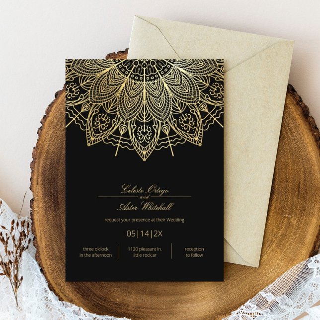 Invitación Elegante Boda negro simple de oro Mandala (Subido por el creador)