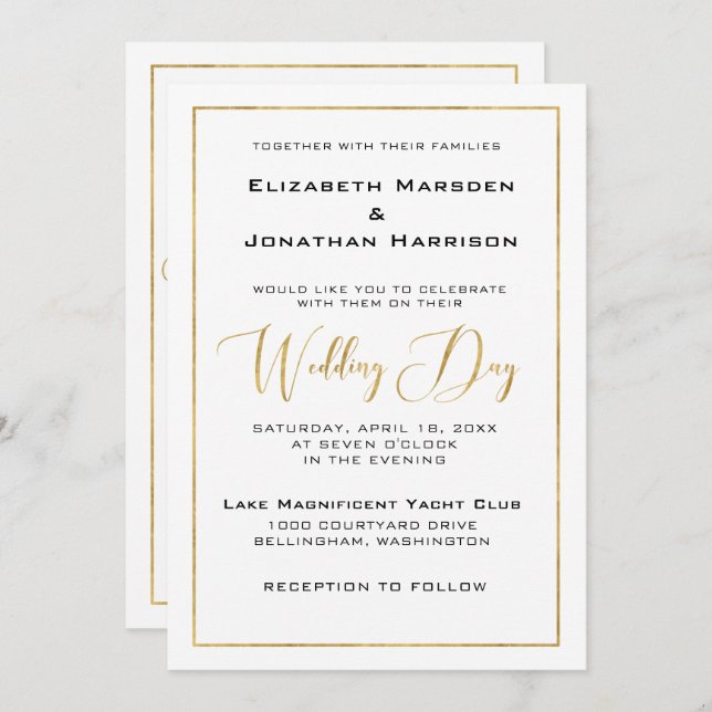 Invitación Elegante Boda negro y dorado y borde (Anverso / Reverso)