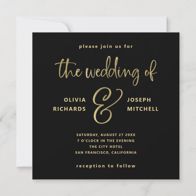 Invitación Elegante Boda negro y falso oro (Anverso)