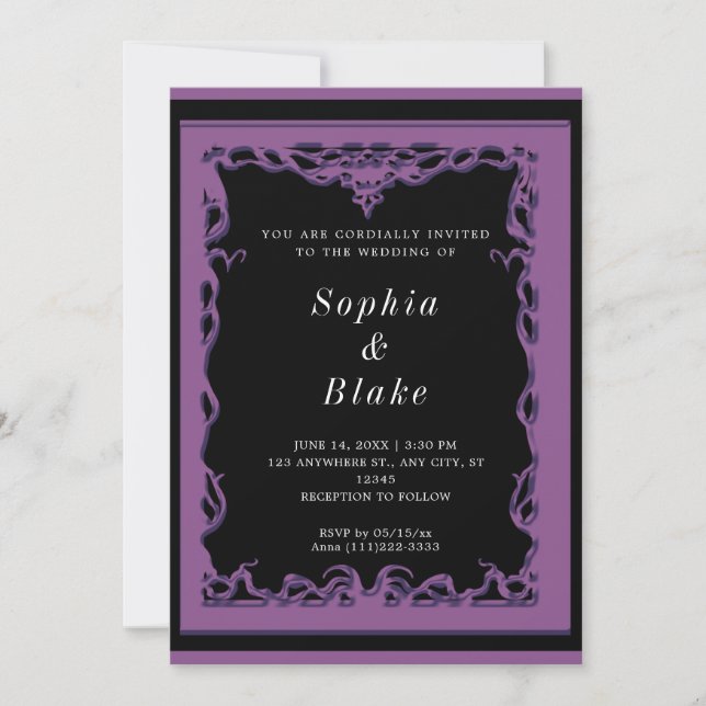 Invitación Elegante Boda negro y morado Art Deco (Anverso)