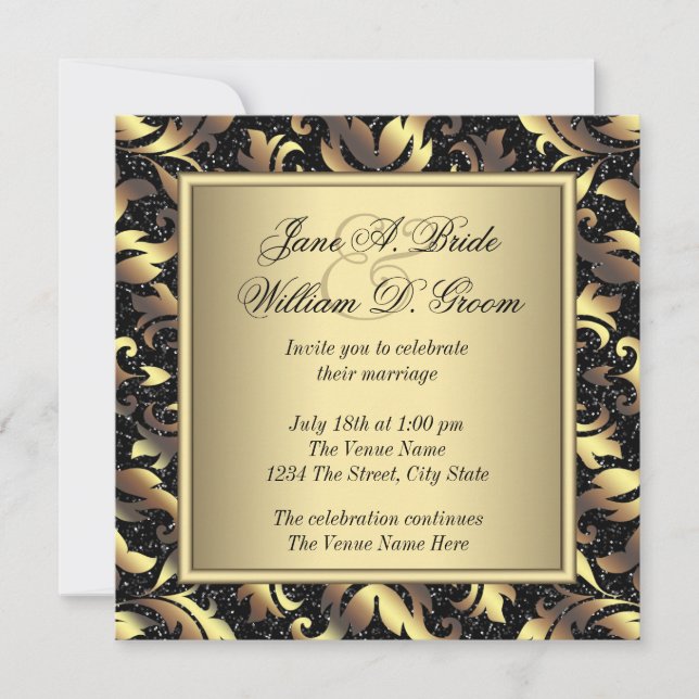 Invitación Elegante Boda negro y oro (Anverso)