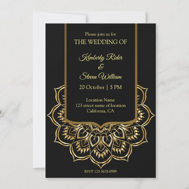 Invitación Elegante Boda Negro Y Oro (Anverso)