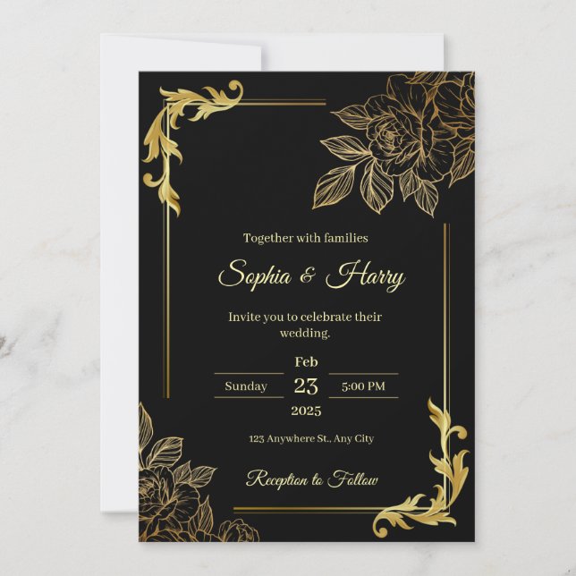 Invitación Elegante Boda negro y oro (Anverso)
