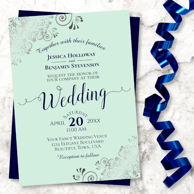 Invitación Elegante Boda Neo Mint Green & Navy de Silver Lace (Subido por el creador)