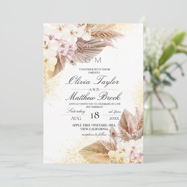 Invitación Elegante Boda Neutral Boho Pampas (Anverso de pie)