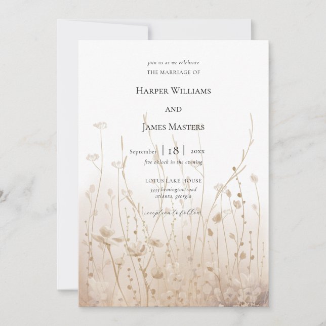 Invitación Elegante Boda Neutral de Campo de Flor Silvestre (Anverso)
