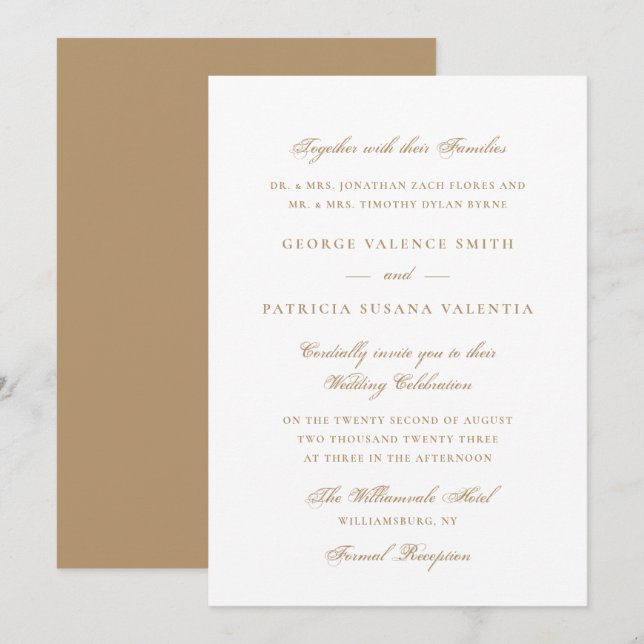 Invitación Elegante Boda Neutral en Champán Dorado (Anverso / Reverso)