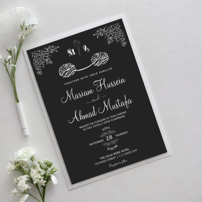 Invitación Elegante Boda Nikah floral blanco y negro (Elegant Black & White Floral Islamic Nikah Wedding Invitation)