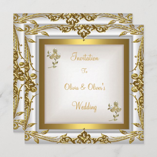 Invitación Elegante Boda Ornate Floral Oro Blanco (Anverso / Reverso)